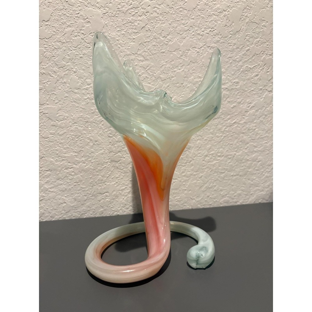 Vintage Murano-Style Handblown Art Glass Trumpet Vase with Coiled Base